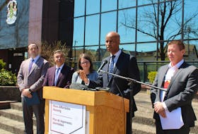 From left, at a federal housing announcement in Sydney on May 23 are provincial Minister responsible for the Office of Addictions and Mental Health and Cape Breton East  MLA Brian Comer, Cape Breton-Canso MP Mike Kelloway, Cape Breton Regional Municipality Mayor Amanda McDougall, federal Housing and Diversity and Inclusion Minister Ahmed Hussen and Sydney-Victoria MP Jaime Battiste. BARB SWEET/CAPE BRETON POST