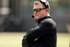 Edmonton Elks head coach and general manager Chris Jones calls the shots against the Winnipeg Blue Bombers at Commonwealth Stadium, in Edmonton on Friday, May 27, 2023.