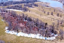 An aerial shot of Belvedere Golf Course in Charlottetown shows the state of a wooded area on the course after post-tropical storm Fiona knocked down more than 500 trees in September. A province-wide analysis of fire risk in forests due to the storm has yet to be completed by the province. Drew Bloksberg • The Guardian