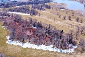 An aerial shot of Belvedere Golf Course in Charlottetown shows the state of a wooded area on the course after post-tropical storm Fiona knocked down more than 500 trees in September. A province-wide analysis of fire risk in forests due to the storm has yet to be completed by the province. Drew Bloksberg • The Guardian
