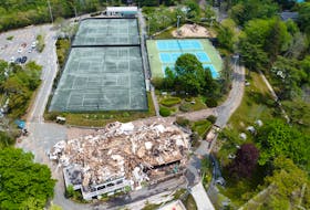 An aerial photograph of the destroyed Waegwoltic Club buidling following Thursday's blaze, in Halifax June 2, 2023.

TIM KROCHAK PHOTO