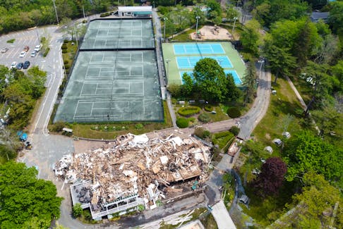 An aerial photograph of the destroyed Waegwoltic Club buidling following Thursday's blaze, in Halifax June 2, 2023.

TIM KROCHAK PHOTO
