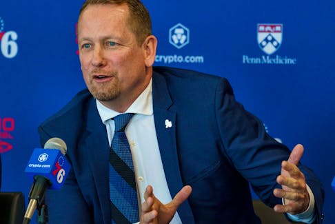Philadelphia 76ers head coach Nick Nurse takes questions from the media at a press conference at the NBA basketball team's facility Thursday, June 1, 2023, in Camden, N.J. 