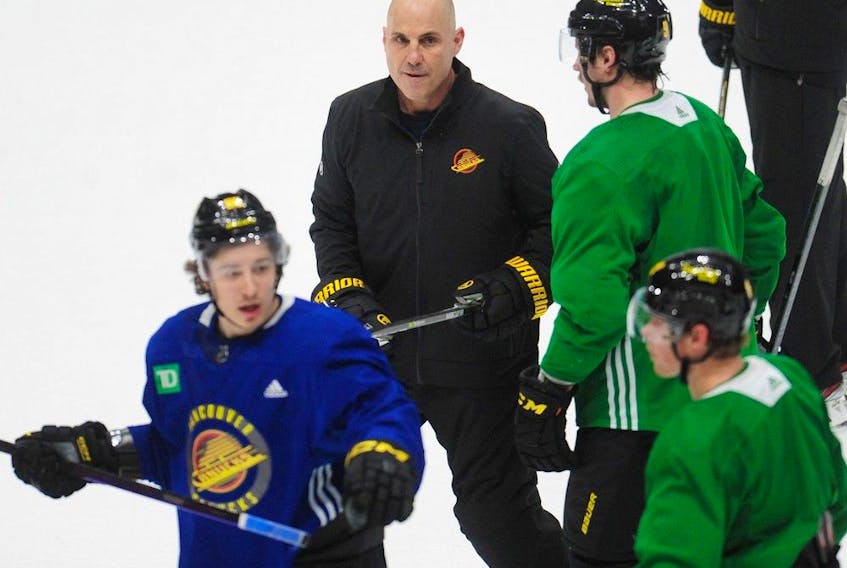 Vancouver Canucks coach Rich Tocchet  in action at Rogers Arena in Vancouver, BC., on January 23, 2023. 