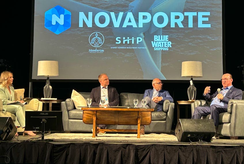 From left, Novaporte's Kathleen Yurchesyn moderates an keynote interview with Blue Water Shipping's Brian Sørensen, Novaporte's Albert Barbusci and Membertou Chief Terry Paul as part of Thursday's Port Days conference at the Joan Harriss Cruise Pavilion's Pittman Hall. IAN NATHANSON/CAPE BRETON POST