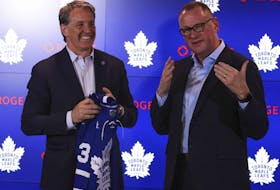Toronto Maple Leafs president Brendan Shanahan introduces Brad Treliving as the new general manager of the team in Toronto on Thursday June 1, 2023. 
