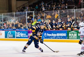 Cam Morton, 53, controls the puck for the Erie Otters in an Ontario Hockey League game during the 2022-23 season. Morton has committed to join the UPEI Panthers for the 2023-24 Atlantic University Sport Men’s Hockey Conference season. Contributed