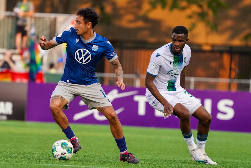 Aidan Daniels of the HFX Wanderers eludes the defence of York United during a Canadian Premier League match Wednesday evening in Toronto. Daniels scored in the 85th minute to lift the Wanderers to a 2-2 draw. - Canadian Premier League