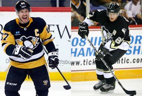 Sidney Crosby then and now: Left, Crosby reacts after scoring the game-winning power play goal in overtime against the Columbus Blue Jackets in Pittsburgh on March 7, 2023.  Right, Crosby warms up before a NHL exhibition game against the Ottawa Senators at the Halifax Metro Centre on Sept. 19, 2006. - Charles LeClaire / USA Today, Jeff Harper