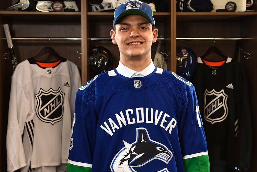  Michael DiPietro poses for a portrait after being selected 64th overall by the Vancouver Canucks during the 2017 NHL Draft at the United Center on June 24, 2017 in Chicago, Illinois.