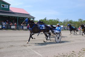 From left, Thunder Alley, #2, and Gerard Kennedy, prevailed over QTS Charlie, #3, Elm Grove Quiggly, #4, and Lazy Day Hanover, #1, in the Saturday afternoon feature at Northside Downs. CONTRIBUTED/CHRIS ABBASS