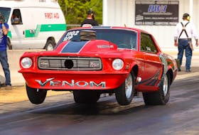 Joe Nemeth of Marion Bridge had several wheels up launches his new ride at Cape Breton Dragway in Sydney this past weekend. Nemeth celebrated his debut weekend for his 1967 Ford Mustang in fine style with excellent racing conditions. CONTRIBUTED/GERARD BRYDEN