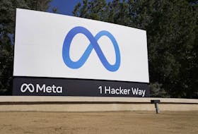 Facebook's Meta logo on a sign at the company headquarters in Menlo Park, Calif.