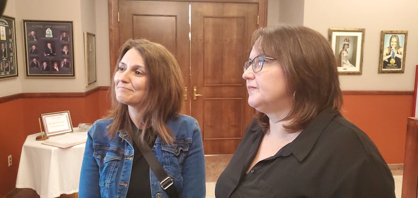 Gavin Estates residents Wendy Gallant, left, and Krista MacDougall are among those in their Summerside neighbourhood who are organizing against a rezoning application associated with a significant proposed housing development adjacent to their part of the city.