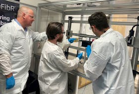Kevin Sullivan, left, with 3D BioFibR researchers in Halifax.