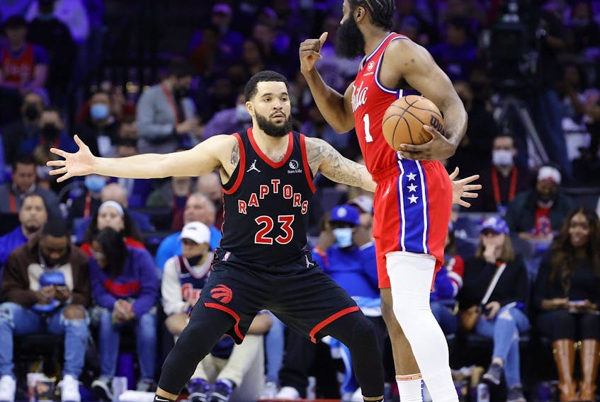 Fred VanVleet #23 of the Toronto Raptors guards James Harden #1 of the Philadelphia 76ers during the fourth quarter of Game Two of the Eastern Conference First Round at Wells Fargo Center on April 18, 2022 in Philadelphia, Pennsylvania.