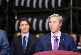 Prime Minister Justin Trudeau and Nova Scotia Premier Tim Houston make a funding announcement at the  Michelin plant in Bridgewater on March 14, 2023. TIM KROCHAK PHOTO