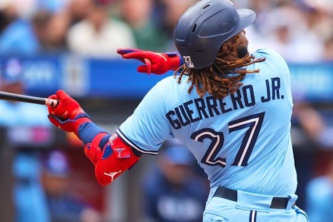 Vladimir Guerrero Jr. of the Toronto Blue Jays hits a third inning home run against the New York Mets at Citi Field on June 04, 2023 in New York City.