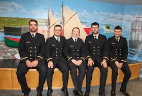 Coast Guard College 2023 graduates before their convocation ceremony on June 3. These five out of a graduating class of 40 are all from Cape Breton. Pictured here from left are Joshua Genter, Jesse Nicoletti, Sarah Timmons, Kyle MacNeil and Charles Chafe. NICOLE SULLIVAN/CAPE BRETON POST
