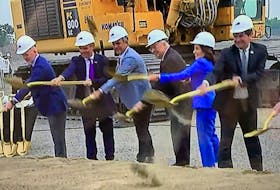 From left: Buffalo Bills head coach Sean McDermott, GM Brandon Beane, executive VP and COO Ron Raccuia, co-owner Terry Pegula, New York Gov. Kathy Hocul and Erie County Executive Mark Poloncarz at the groundbreaking of the team's new stadium.