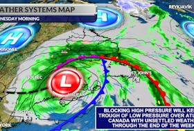 A blocking pattern will stall a trough of low-pressure over Atlantic Canada for most of the week.
