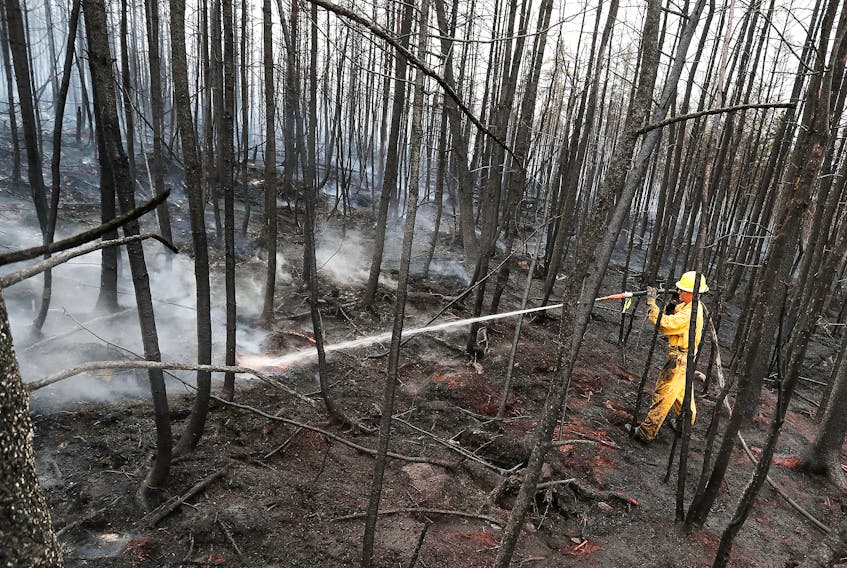 Annapolis Royal volunteer firefighter Jason Rock sprays hot spots on Saturday, June 3, as part of the response to the Shelburne County wildfire. The fight against the fire has been aided by much-needed rain. COMMUNICATIONS NOVA SCOTIA