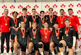 The Inferno Volleyball Club (IVC) 18U boys recently won a gold medal at the Canadian championships in Calgary, Alta. Team members are, front row, from left, Riley MacKinnon, Eden Woodworth, Brayden Bruce, Eric Huang and Jonah Murphy. Back row, from left, are Max Arsenault (head coach), Jan Padilla, Alex Nicholson, Dominik Pineau, Avery Rist, Brett MacAusland, Nolan Ryan (assistant coach) and Tristan Atkins (assistant coach). Contributed