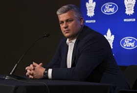 Maple Leafs head coach Sheldon Keefe speaks at the podium in Toronto on Monday, May 15, 2023. 