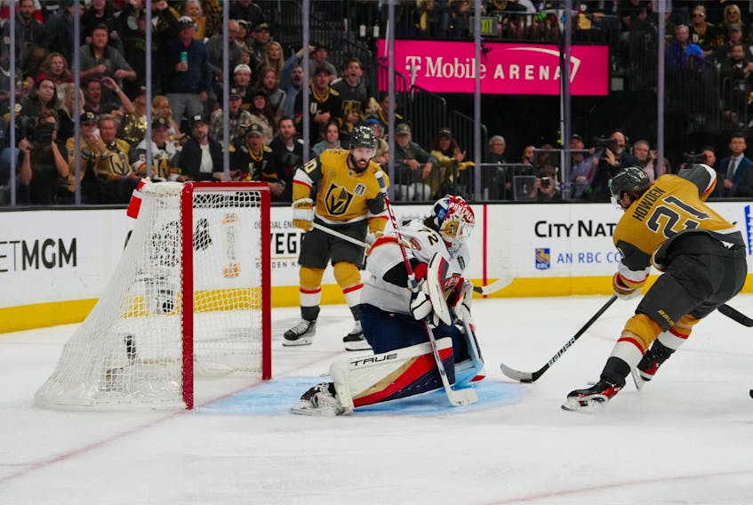 Florida Panthers goaltender Sergei Bobrovsky defends against Vegas Golden Knights centre Brett Howden (21) in the second period of Game 2 of the 2023 Stanley Cup Final at T-Mobile Arena in Las Vegas on Monday, June 5, 2023. - Stephen R. Sylvanie / USA TODAY Sports via Reuters