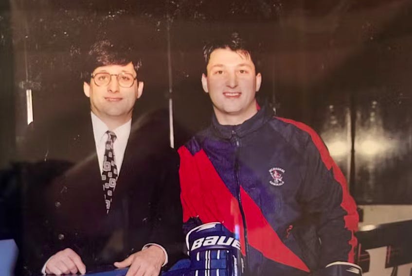 Blair Joseph, left, is shown with brother Fabian Joseph during Fabian’s time coaching the Milwaukee Admirals in the late 1990s. Fabian Joseph credits his brother for his hockey career. CONTRIBUTED.