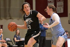 Sarah Gordon of the Halifax Hornets (left) is guarded by the Halifax Thunder's Grace Lancaster during a Maritime Women’s Basketball Association game earlier this season. - DAVID GALLANT / HALIFAX HORNETS