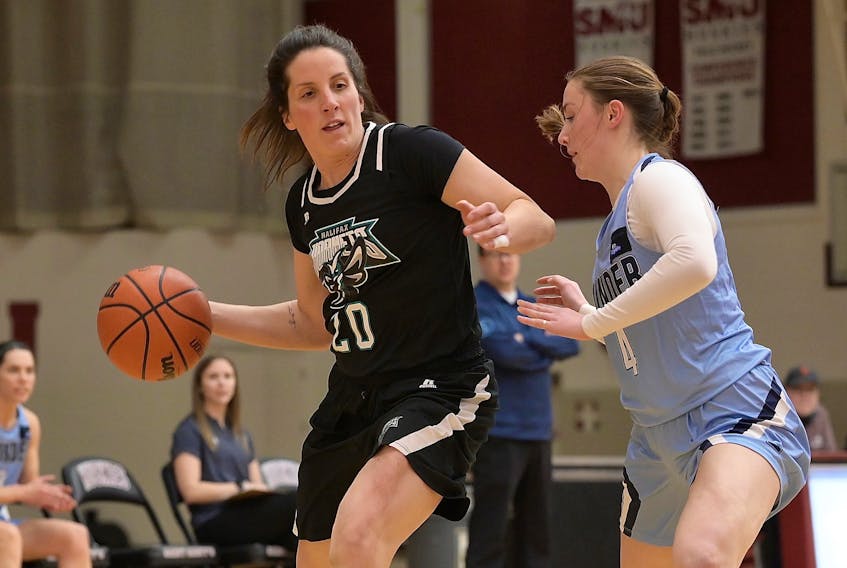 Sarah Gordon of the Halifax Hornets (left) is guarded by the Halifax Thunder's Grace Lancaster during a Maritime Women’s Basketball Association game earlier this season. - DAVID GALLANT / HALIFAX HORNETS