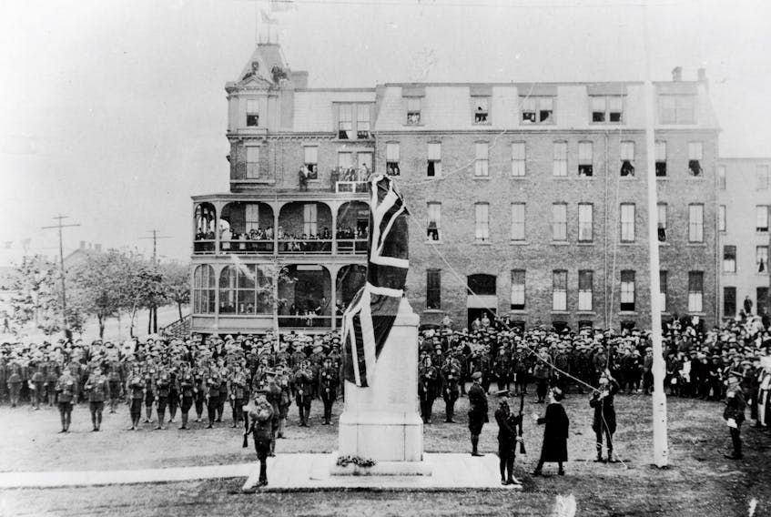 With the former Grand Hotel in the background, the unveiling of the Yarmouth Cenotaph took place 100 years ago. The 100th anniversary of that unveiling is being celebrated on June 9. PHOTO COURTESY YARMOUTH COUNTY MUSEUM AND ARCHIVES