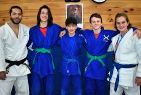 Sensei Kyle Sutherland (left), Angus Richardson, Mehki Reddick, Bryce Chapman and Nell Cameron attended the Judo Canada Open Nationals 2023 competition held in Montreal late last month. Sutherland and Cameron earned bronze medals at the competition which was an important development experience for all the young Westville-based Kanokai Judo Club athletes. Richard MacKenzie