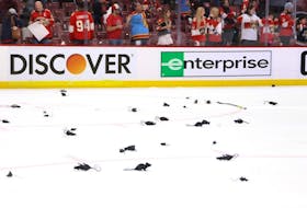 Plastic rats are seen on the ice after the Florida Panthers defeated the Carolina Hurricanes in Game 3 of the Eastern Conference Final at FLA Live Arena on May 22, 2023 in Sunrise, Florida.