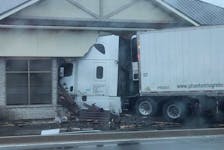 A transport truck crashed into the Fredericton Animal Hospital on Wednesday, June 7. Brenden Brewer Facebook photo