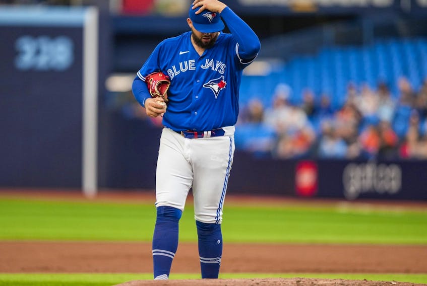 Blue Jays starting pitcher Alek Manoah reacts on the mound while playing against the Houston Astros in Toronto on Monday, June 5, 2023. The Jays are sending Manoah down to the minors after his latest disappointing start. 