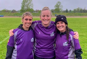 For the first time, an all-female officiating team worked the gold-medal game of the P.E.I. School Athletic Association (PEISAA) Senior AAA Girls Rugby League at UPEI on June 6. The crew consisted of, from left, Hannah Bertrand, assistant referee, Fran MacWilliam, match official, and Bella Walsh, assistant referee. PEISAA • Special to The Guardian