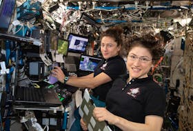 From left, astronauts Jessica Meir and Christina Koch aboard the International Space Station in 2019. The two made the first all-female spacewalk that year. Koch has since been named to the crew of the Artemis 2 moon mission.