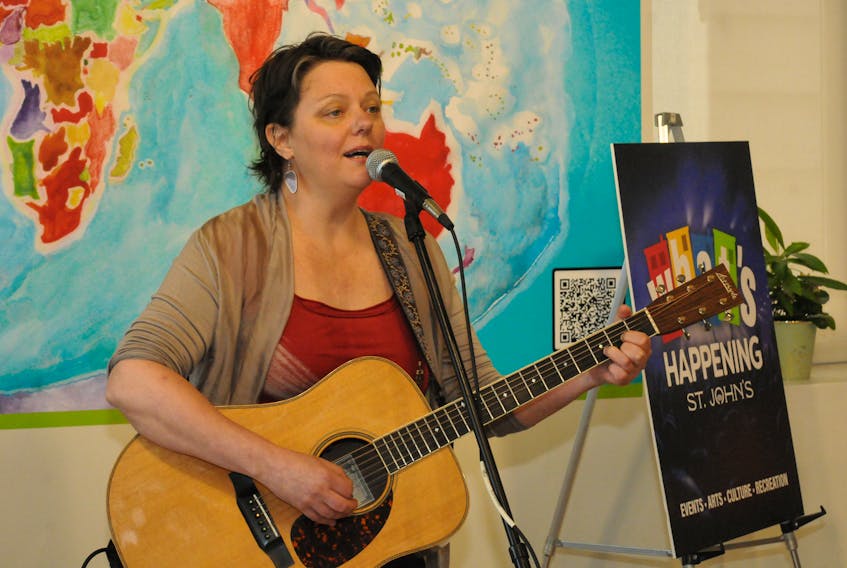 Singer/songwriter Sherry Ryan performs Wednesday at the City of St. John’s downtown information centre on Water Street during an event to announce the 2023 summer concert series. Joe Gibbons • The Telegram