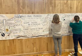 Shasta Grant, left, and Alisha Christie captured the discussion at the recent Homeless No More workshop in Middleton.