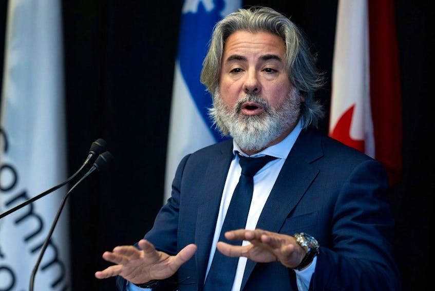 Minister of Canadian Heritage, Pablo Rodriguez, speaks during a press conference to announce Montreal International's 2022 investment results, in Montreal, Feb. 20.