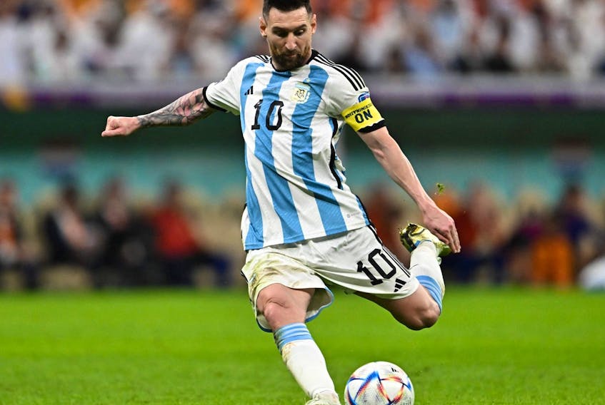 Argentine forward Lionel Messi takes a shot during the World Cup.