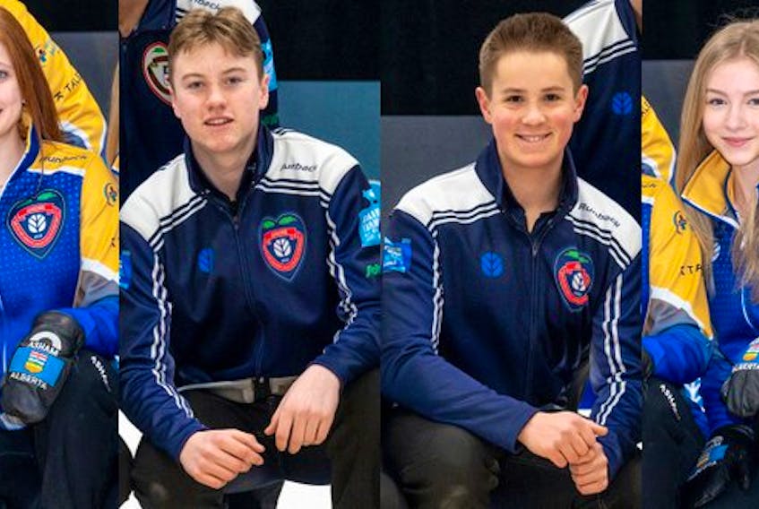 Canada's mixed curling team will compete at the 2024 Youth Olympic Games in Gangwon, South Korea, from Jan. 19-Feb. 1, 2024. From left are: Chloe Fediuk, Owain Fisher, Nathan Gray, Allie Iskiw.   Christian Leduc/ Curling Canada