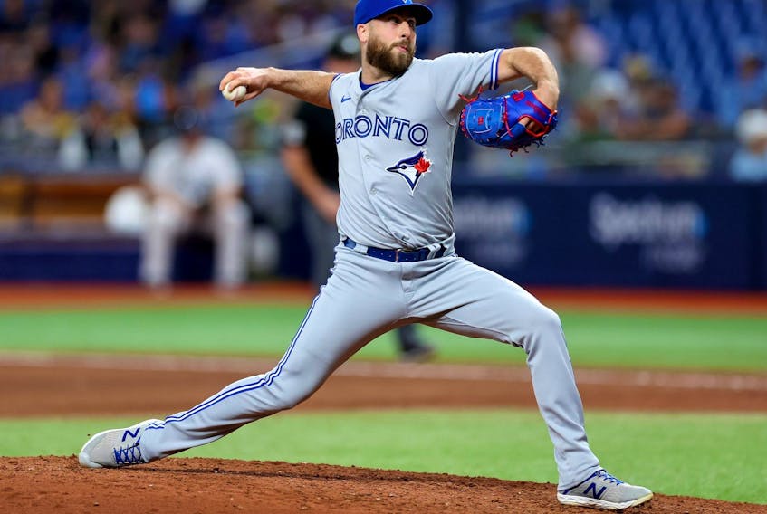Anthony Bass of the Blue Jays pitches during the seventh inning against the Tampa Bay Rays at Tropicana Field on May 22, 2023 in St Petersburg. 