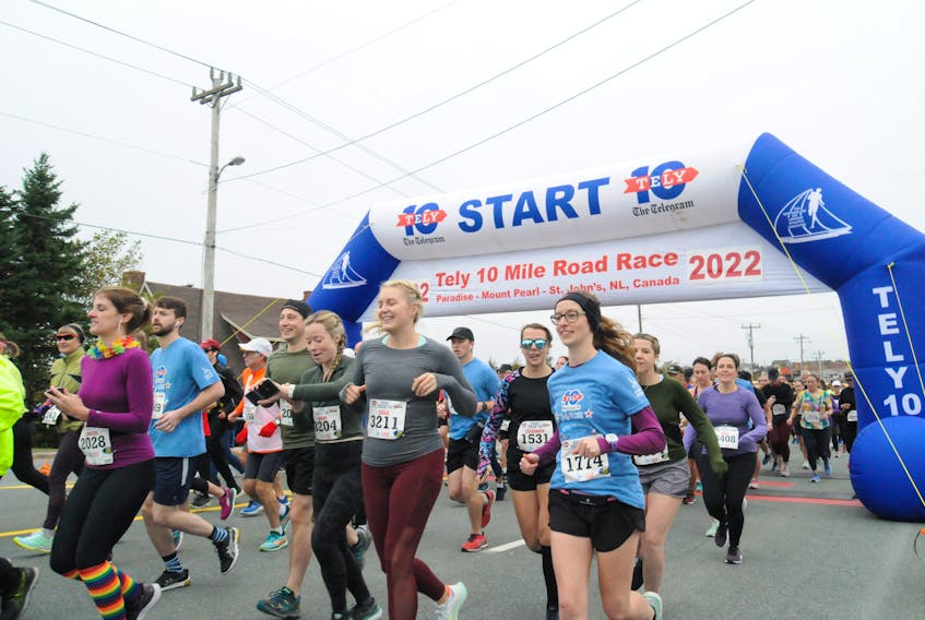 The 94th. edition of The Telegram‘s 10-Mile Road Race, The Tely 10, took place on Saturday morning, October 8, 2022, from Paradise thru Mount Pearl and onto St. John’s finishing up at Bannerman Park under ideal running conditions of 10*C at start time with hardly any wind along the course. Shown above are the runners and walkers shortly after they’ve left the starting line on the main Topsail Road in Paradise. -Photo by Joe Gibbons/The Telegram