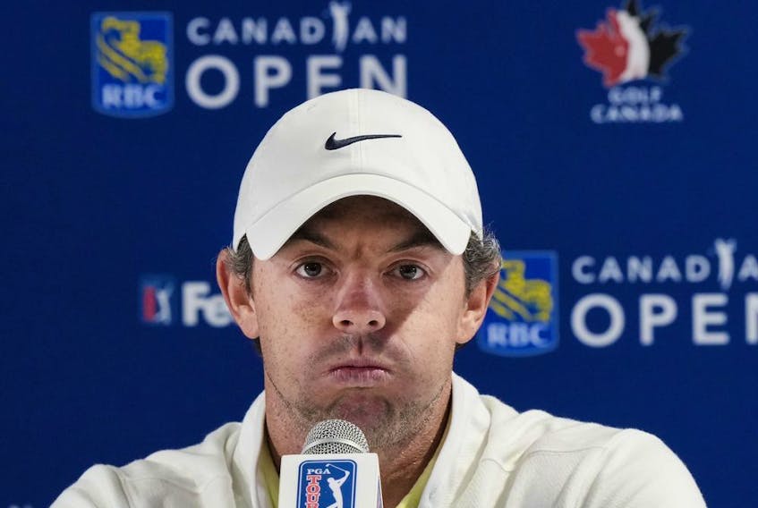 Rory McIlroy speaks to the media regarding the new business relationship with Saudi Arabia's Public Investment Fund during the Canadian Open in Toronto on Wednesday, June 7, 2023.