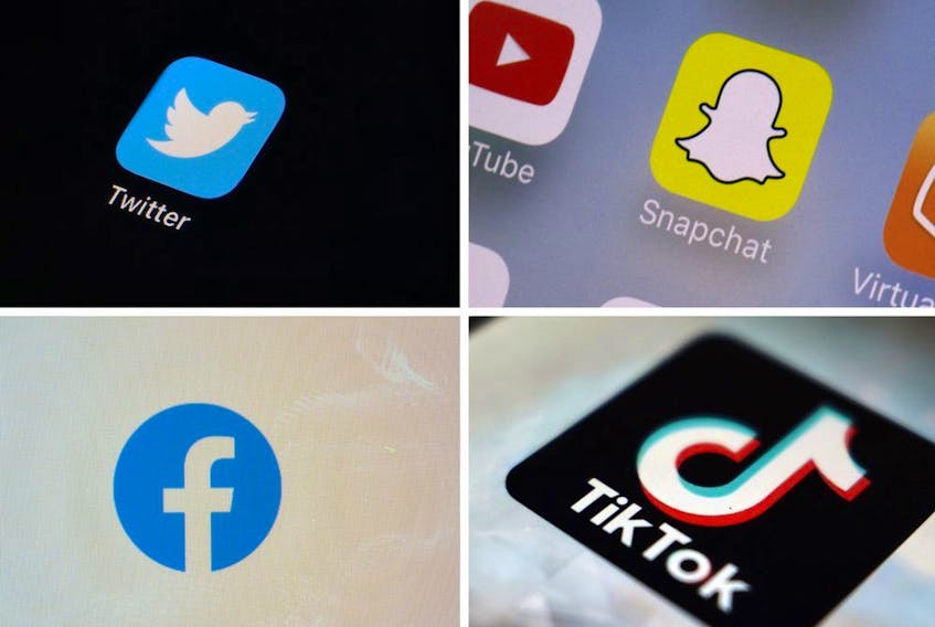 FILE - This combination of photos shows logos of Twitter, top left; Snapchat, top right; Facebook, bottom left; and TikTok. 