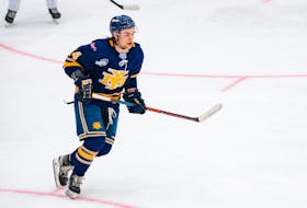 Forward Reid Vos, 14, played for the Yarmouth Mariners in the recent Centennial Cup Canadian junior A hockey championship tournament in Portage la Prairie, Man. Vos, who helped the Mariners win the 2023 Maritime Junior Hockey League (MHL) championship, was traded to the West Kent Steamers of Bouctouche, N.B., on June 8. Erica Perreaux / Hockey Canada Images