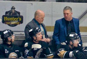 Charlottetown Islanders general manager and head coach Jim Hulton, right, and assistant GM and associate coach Guy Girouard work the bench during a Quebec Major Junior Hockey League (QMJHL) game at Eastlink Centre during the 2022-23 season. The QMJHL Entry Draft takes place in Sherbrooke, Que., on June 10.